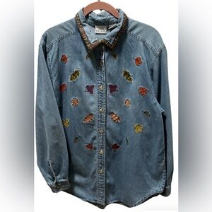 BOBBIE BROOKS Women Shirt Size L Blue Denim Embroidered 100% Cotton